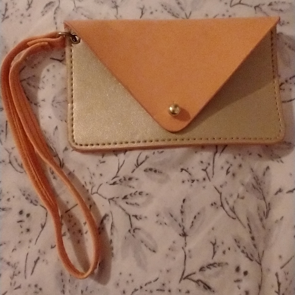 Vegan leather gold and peach card holder with strap minor history